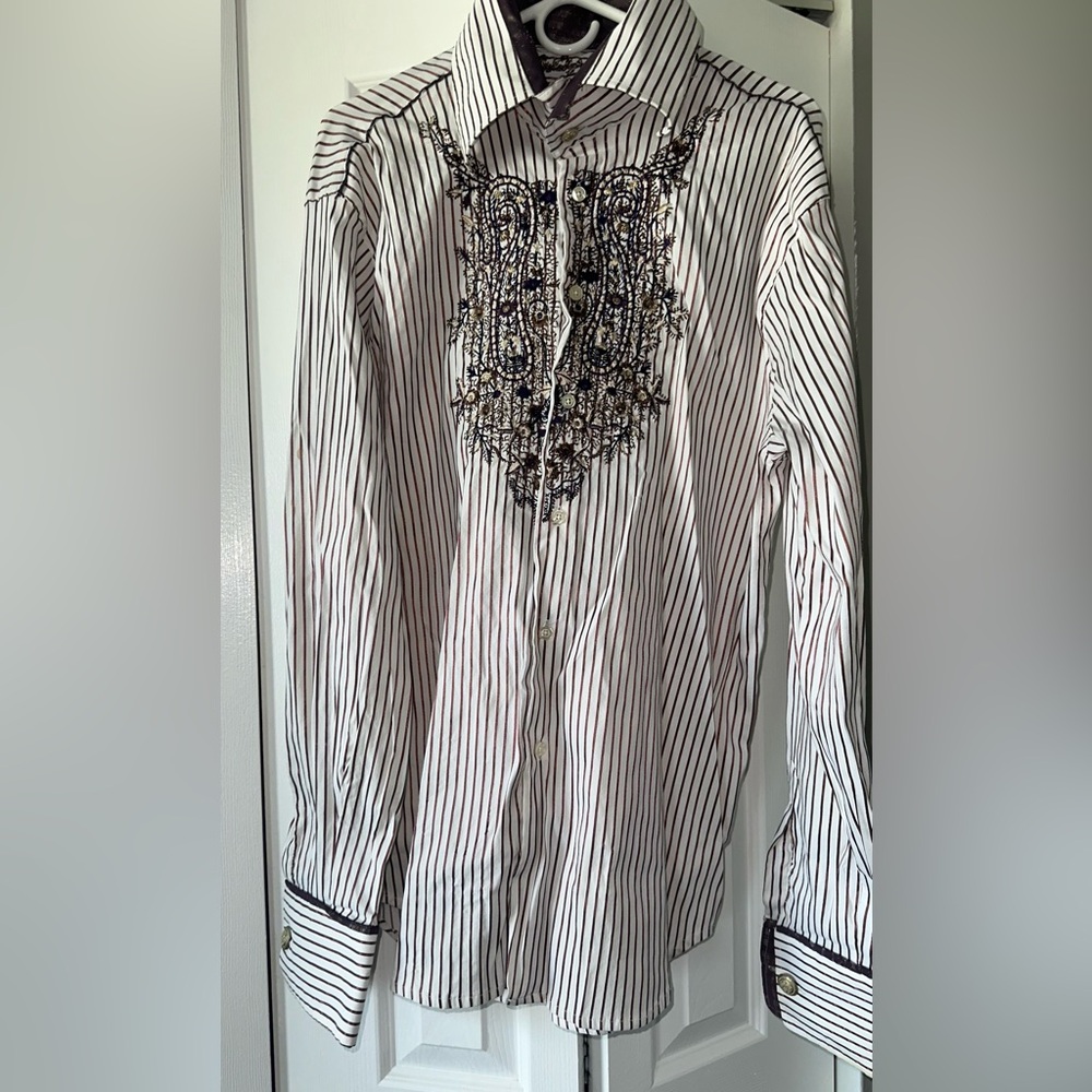 Striped Embroidered Button-Up Shirt